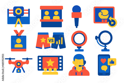 Boxing Media Icons. Flat vector icons of boxing media and broadcasting: ring camera, broadcast booth, announcer mic, slow-mo