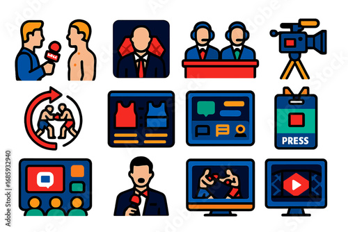 MMA Media Icons. Flat vector icons of MMA broadcasting and media: mic interview, post-fight host, commentary desk, fight camera,