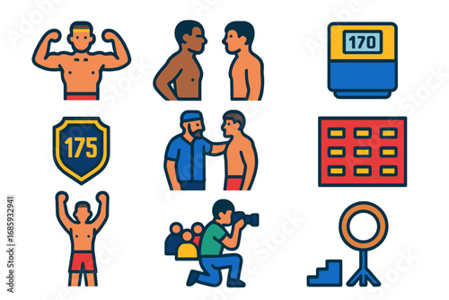 MMA Weigh-In Icons. Flat vector icons of MMA weigh-in event: fighter flex, faceoff pose, scale reading, weight class badge, coach