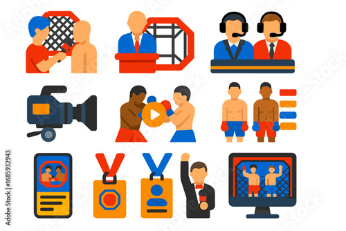 MMA Media Icons. Flat vector icons of MMA broadcasting and media: mic interview, post-fight host, commentary desk, fight camera,