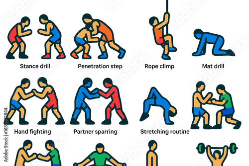 Wrestling Training Icons. Flat vector icons of wrestling training: stance drill, penetration step, shot practice, mat drill, chain