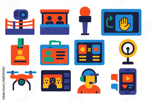 Boxing Media Icons. Flat vector icons of boxing media and broadcasting: ring camera, broadcast booth, announcer mic, slow-mo