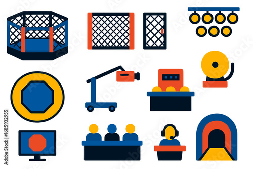 MMA Arena Icons. Flat vector icons of MMA cage and arena: octagon cage, padded wall, cage door, ring lights, floor mat, judge