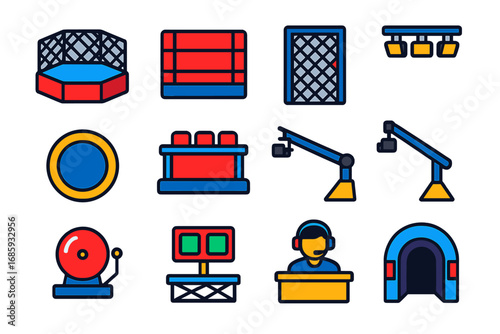 MMA Arena Icons. Flat vector icons of MMA cage and arena: octagon cage, padded wall, cage door, ring lights, floor mat, judge