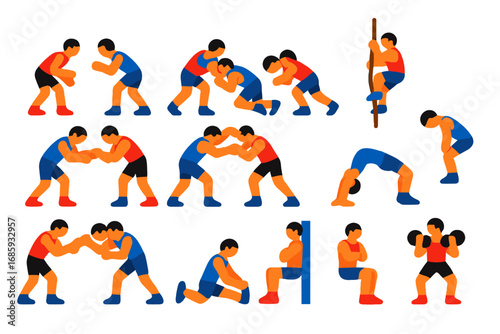 Wrestling Training Icons. Flat vector icons of wrestling training: stance drill, penetration step, shot practice, mat drill, chain