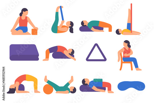 Yoga Props Icons. Flat vector icons of yoga with props: block support, strap stretch, bolster under knees, wall pose, folded