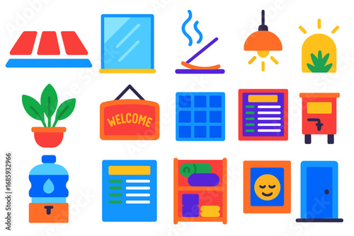 Yoga Studio Elements. Flat vector icons of yoga studio elements: yoga mats in row, wall mirror, incense smoke, soft lighting,