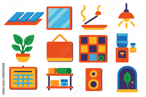 Yoga Studio Elements. Flat vector icons of yoga studio elements: yoga mats in row, wall mirror, incense smoke, soft lighting,