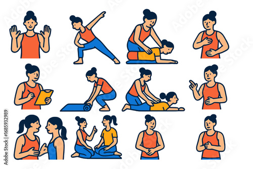 Pilates Instructor Icons. Flat vector icons of pilates instructor actions: cueing hands, demonstration pose, posture correction,