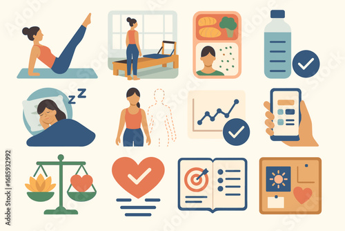 Pilates Lifestyle Icons. Flat vector icons of pilates lifestyle: daily practice, studio visit, meal prep, water tracking, sleep