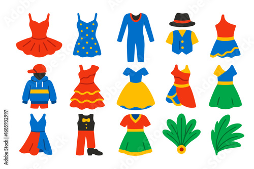 Dance Costume Icons. Flat vector icons of dance costumes: tutu, sequin dress, unitard, jazz outfit, hip hop gear, flamenco dress,