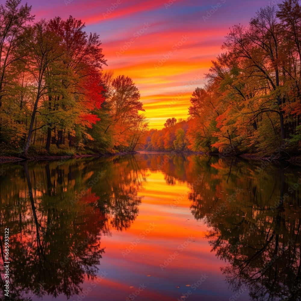 Obraz premium A breathtaking autumn landscape featuring a serene river reflecting the vibrant colors of the trees and a stunning sunset sky, creating a picturesque and tranquil scene of natural beauty