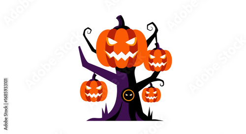 Cartoonish halloween illustration with tree-shaped spooky pumpkin arrangement