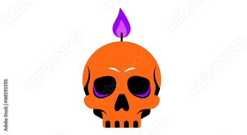 Stylized orange skull illustration with violet candle flame Halloween themed