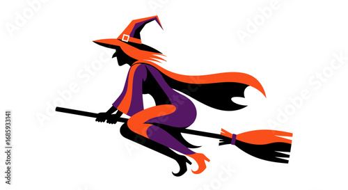 Whimsical witch soaring high on her broomstick in the halloween night air