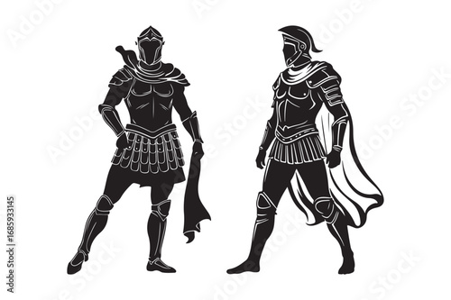Two silhouetted warriors in ancient armor standing ready