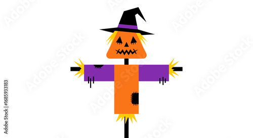 Whimsical scarecrow with a playful geometric design, suitable for Halloween