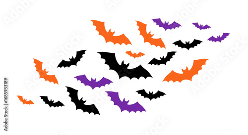 Festive halloween bat silhouettes in orange, black, and purple against white