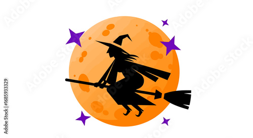Silhouette of a witch flying on a broom in front of a full moon illustration