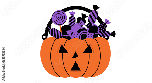 Whimsical pumpkin filled with purple confectionery for Halloween celebration