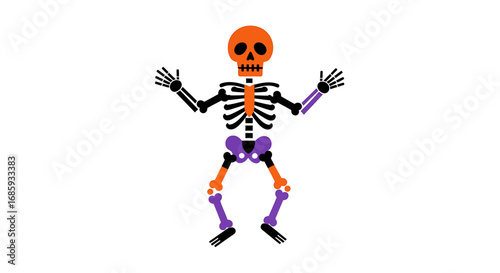 Stylized cartoon skeleton figure with festive orange and purple accents