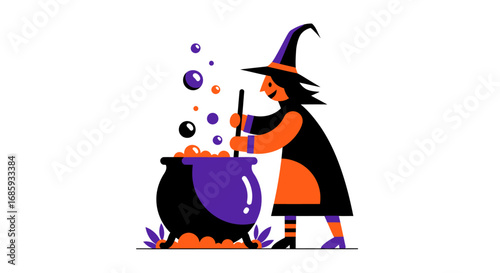 Halloween witch crafting a spooky potion in a boiling cauldron vector art