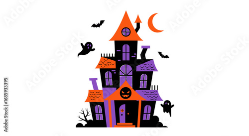Stylized haunted house illustration with cartoon bats and ghost figures