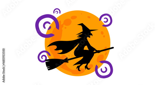 Silhouette of a witch on a broomstick flying over a full moon celebration