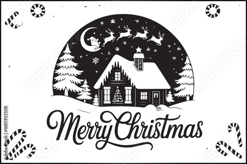 Festive black and white Christmas scene featuring Santa on a sleigh, snow-covered cottage, pine trees, reindeer, snowflakes, and “Merry Christmas”