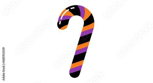 Festive halloween candy cane with vibrant black, orange and purple stripes
