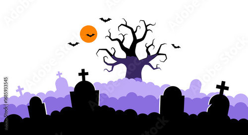 Eerie halloween night scene with tombstones, bats, and a spooky, twisted tree