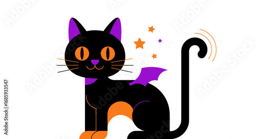 Stylized black cat with bat wings, stars, and Halloween color palette on white