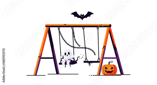 Whimsical halloween playground scene with friendly ghost and a grinning pumpkin
