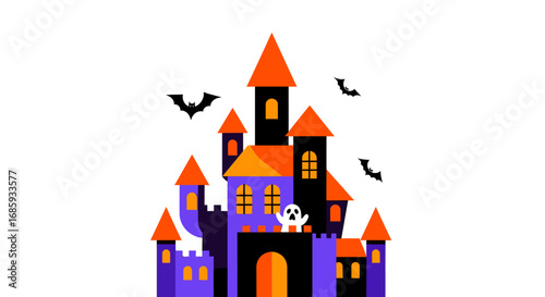 Spooky Halloween castle illustration with bats and ghost on a white backdrop