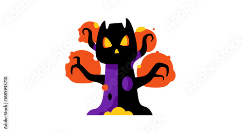 Stylized spooky halloween tree with vibrant colors in a cartoonish design