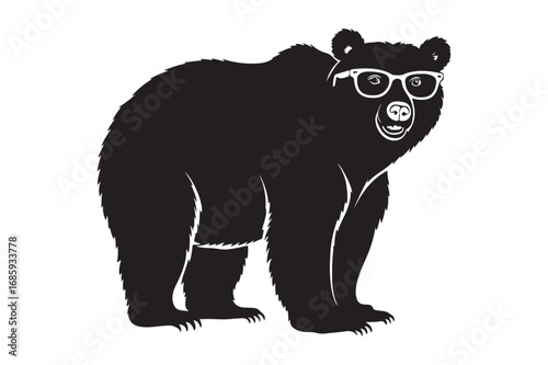Black bear wearing round glasses standing upright