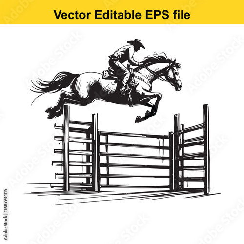 Cowboy on horseback jumping over a hurdle, isolated on white background