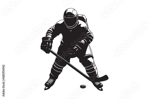 Silhouette of a hockey player in action with stick and puck