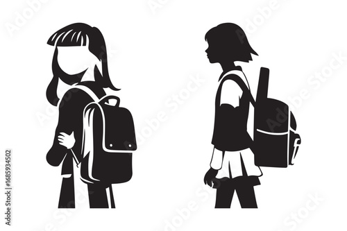 Two schoolgirls with backpacks in silhouette