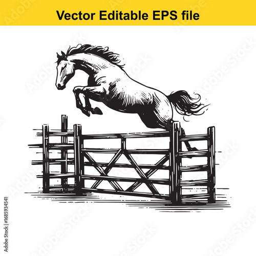 Horse jumping over a fence, isolated on white background