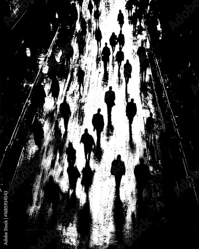 High contrast black and white street photography of pedestrians walking in urban environment with shadows and light