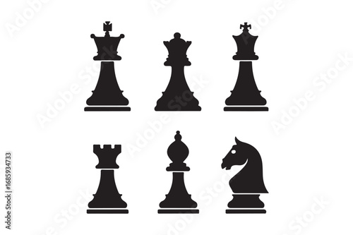 Silhouette collection of classic chess pieces on white background