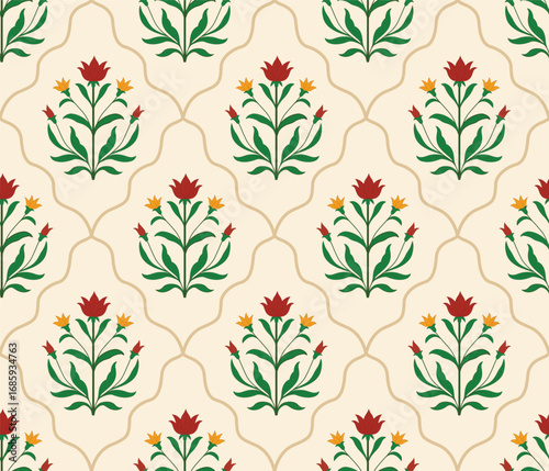 Hand drawn Mughal floral pattern. Ornamental botanical flower pattern. Traditional mughal flower pattern. 