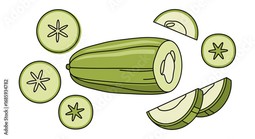 Whimsical depiction of sliced zucchini with unique starlike shapes on slices
