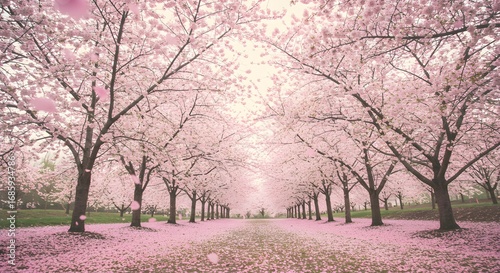 Pink cherry blossom alley blooms, casting soft shadows. Spring texture photo for branding, posters, and romantic backgrounds.