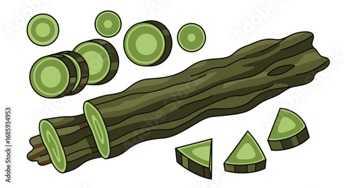 Stylized woody material illustration showcasing cross-sections and pieces detail