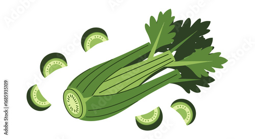 A vibrant and healthy celery stalk illustration with sliced portions floating