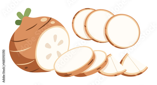 Stylized jicama illustration showcasing cut and whole root vegetables fresh