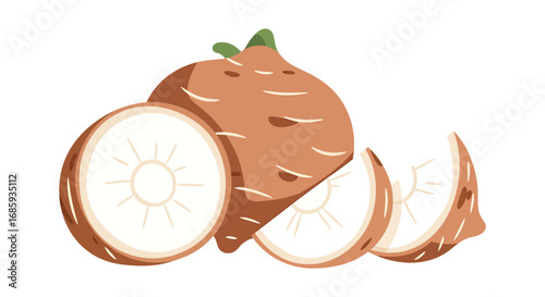 Illustration of sliced taro root vegetable with light brown and cream color