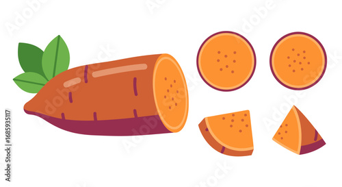 Vibrant sweet potato segments with green leaves against pure white space